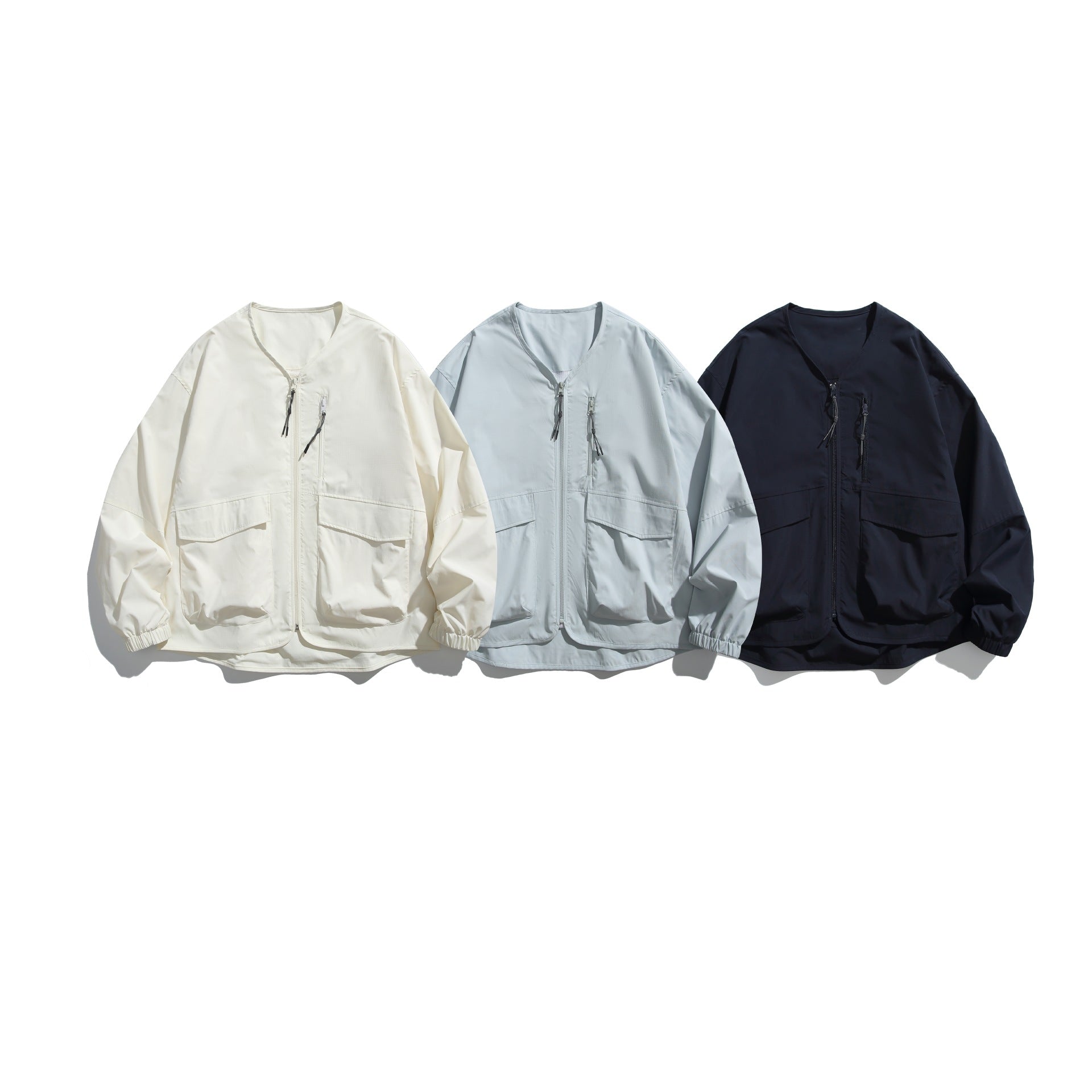 V-Neck Utility Jacket Men Outdoor Tactical Style Collarless Outerwear