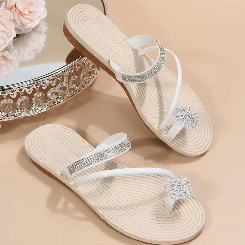 Toe sandals women's outdoor beach sandals rhinestone flat slippers