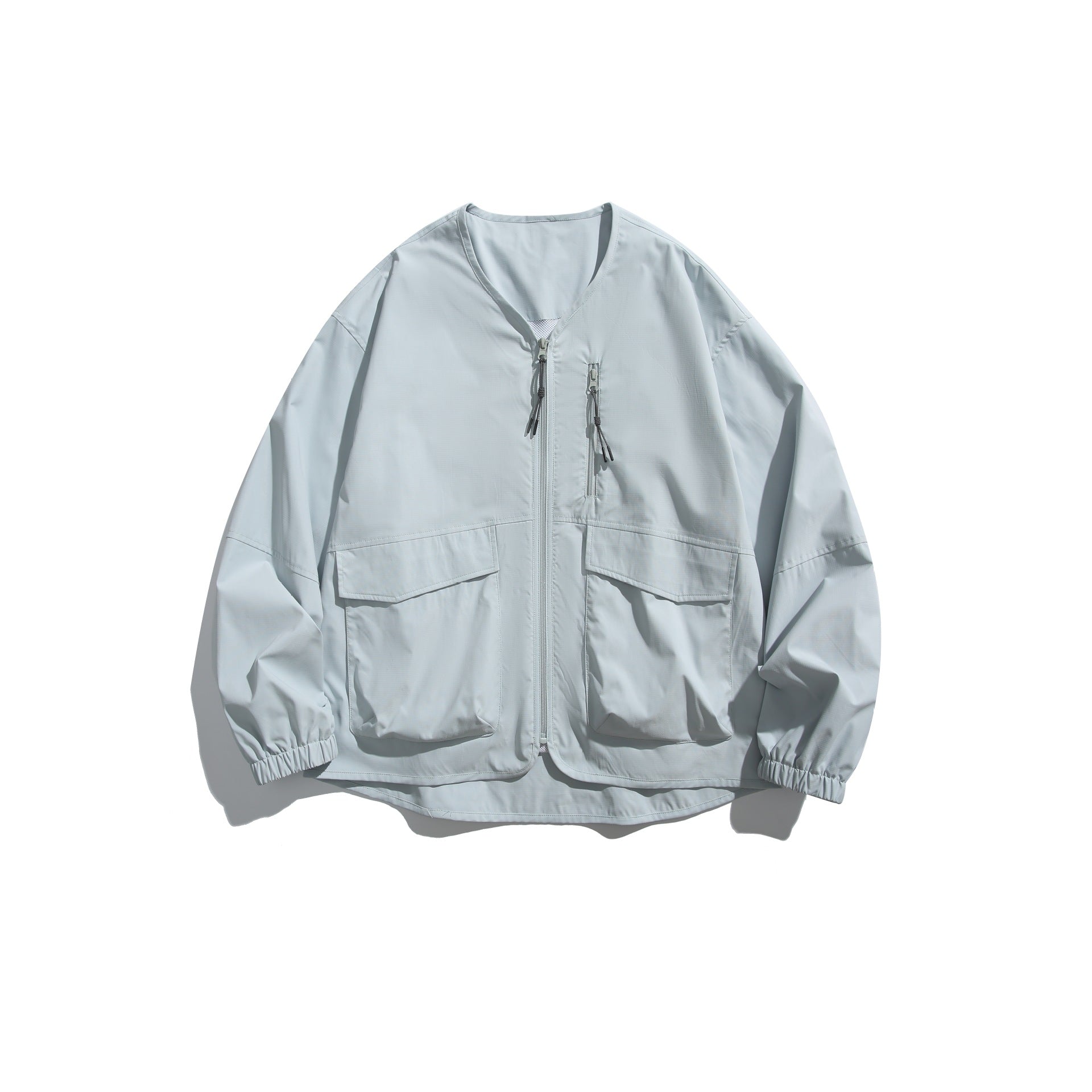 V-Neck Utility Jacket Men Outdoor Tactical Style Collarless Outerwear