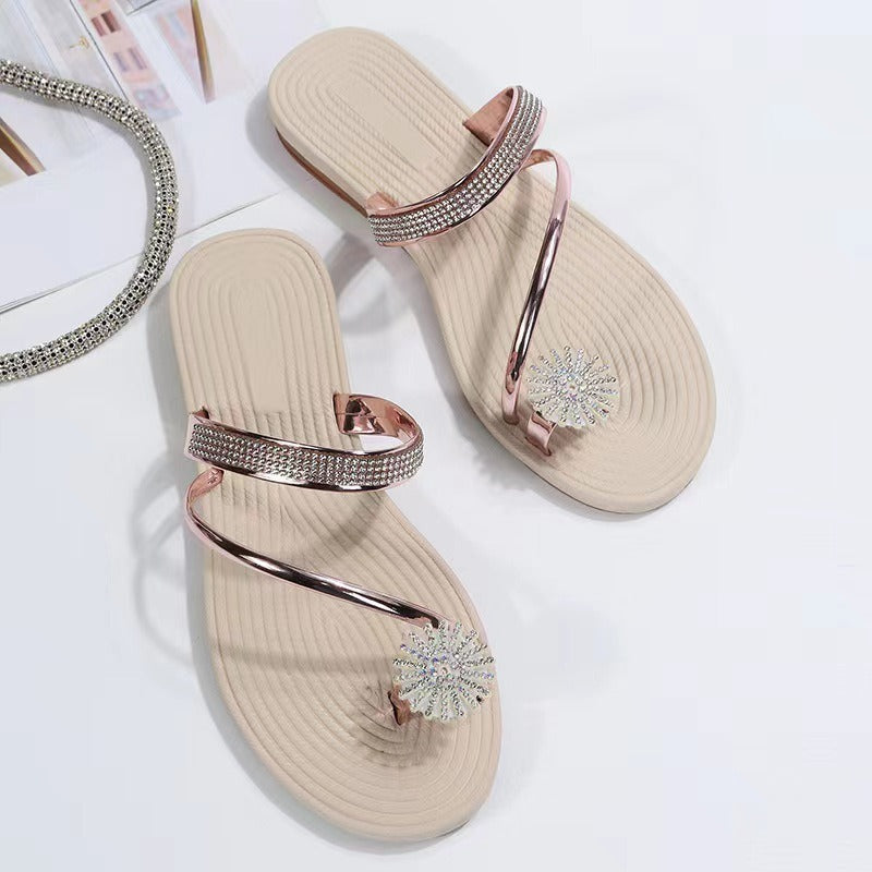 Toe sandals women's outdoor beach sandals rhinestone flat slippers