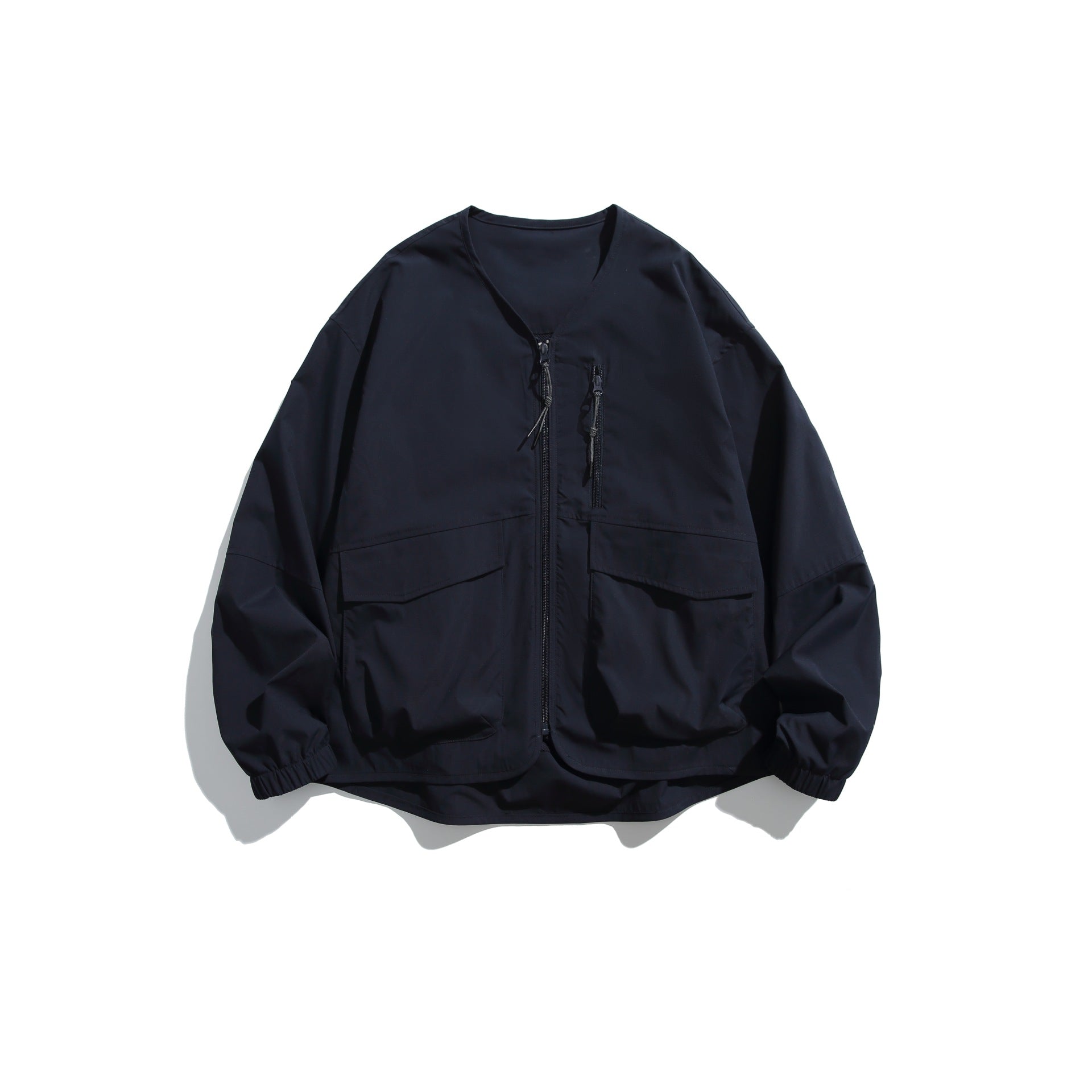 V-Neck Utility Jacket Men Outdoor Tactical Style Collarless Outerwear